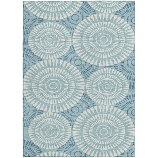 Teal Blue And Ivory Geometric Washable Indoor Outdoor Area Rug Photo 8