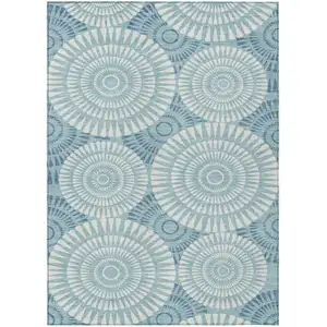 Photo of Teal Blue And Ivory Geometric Washable Indoor Outdoor Area Rug