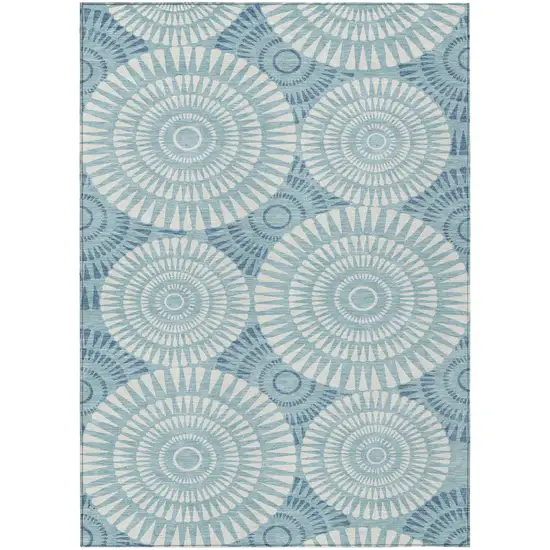 Teal Blue And Ivory Geometric Washable Indoor Outdoor Area Rug Photo 2