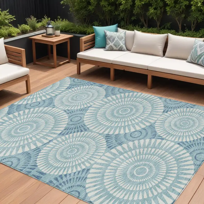 Teal Blue And Ivory Geometric Washable Indoor Outdoor Area Rug Photo 1