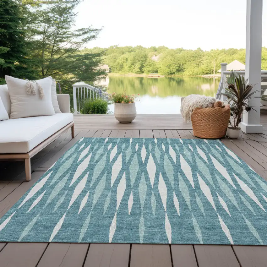 Teal Blue And Ivory Geometric Washable Indoor Outdoor Area Rug Photo 8