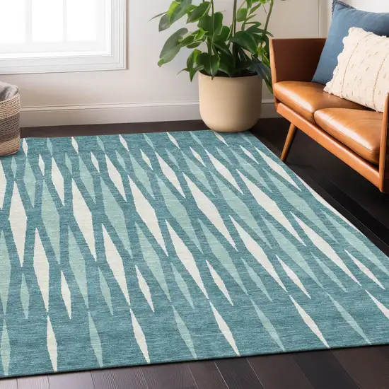 Teal Blue And Ivory Geometric Washable Indoor Outdoor Area Rug Photo 9