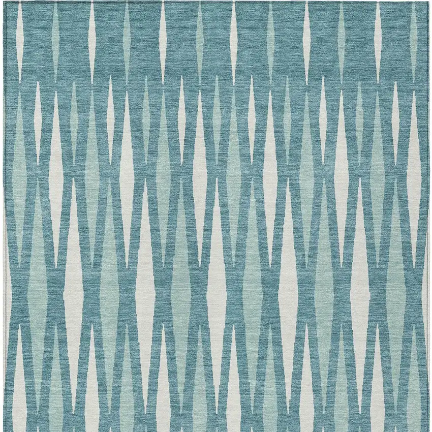 Teal Blue And Ivory Geometric Washable Indoor Outdoor Area Rug Photo 7
