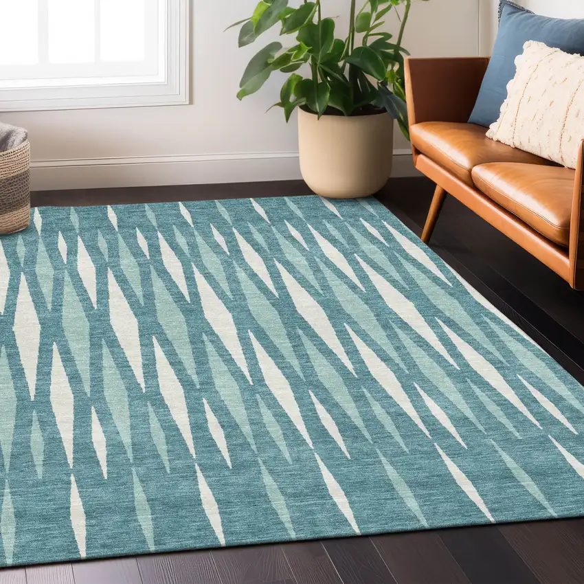 Teal Blue And Ivory Geometric Washable Indoor Outdoor Area Rug Photo 8