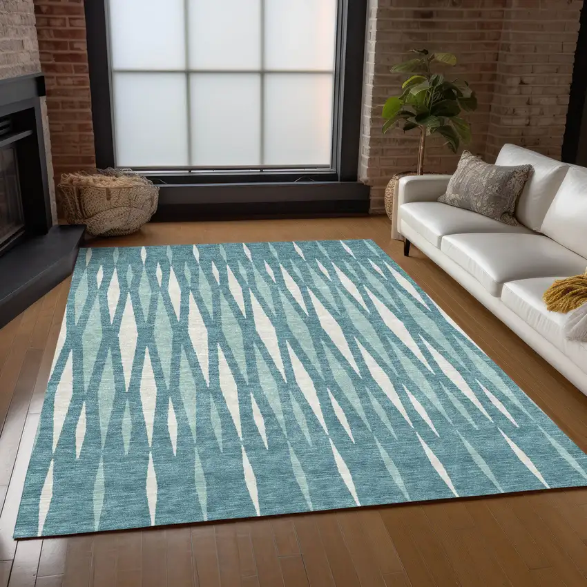 Teal Blue And Ivory Geometric Washable Indoor Outdoor Area Rug Photo 9