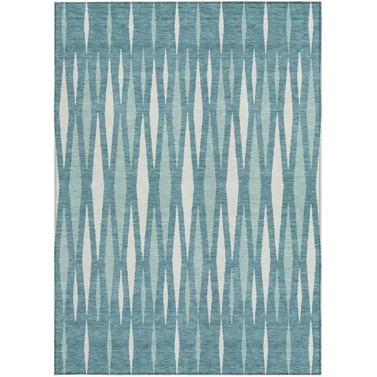 Teal Blue And Ivory Geometric Washable Indoor Outdoor Area Rug Photo 6