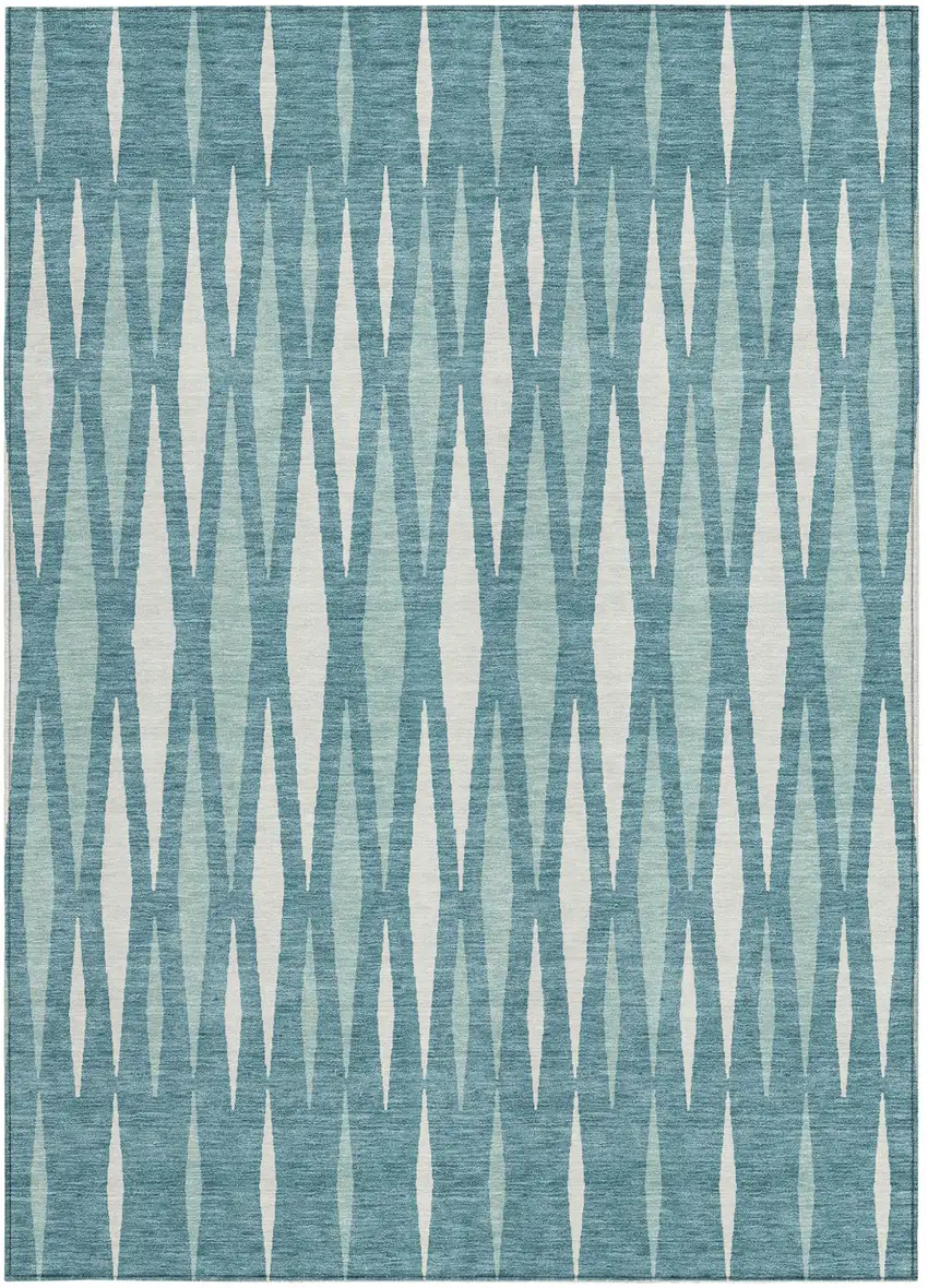 Teal Blue And Ivory Geometric Washable Indoor Outdoor Area Rug Photo 6
