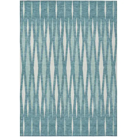 Teal Blue And Ivory Geometric Washable Indoor Outdoor Area Rug Photo 2