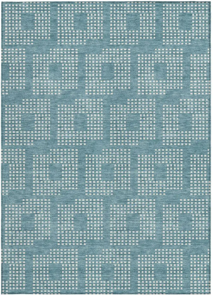 Teal Blue And Ivory Geometric Washable Indoor Outdoor Area Rug Photo 6