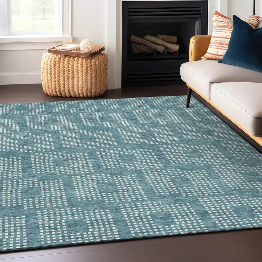 Teal Blue And Ivory Geometric Washable Indoor Outdoor Area Rug Photo 7