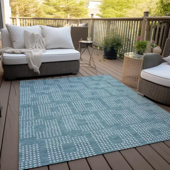 Teal Blue And Ivory Geometric Washable Indoor Outdoor Area Rug Photo 9