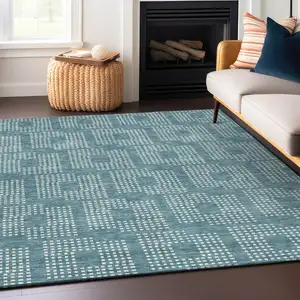 Photo of Teal Blue And Ivory Geometric Washable Indoor Outdoor Area Rug