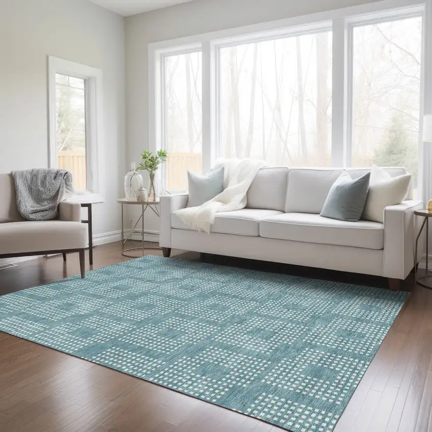 Teal Blue And Ivory Geometric Washable Indoor Outdoor Area Rug Photo 9