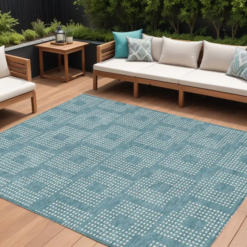 Teal Blue And Ivory Geometric Washable Indoor Outdoor Area Rug Photo 1