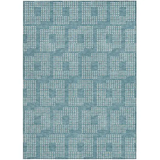 Teal Blue And Ivory Geometric Washable Indoor Outdoor Area Rug Photo 7