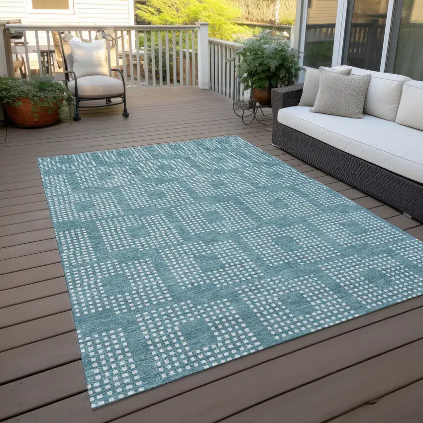 Teal Blue And Ivory Geometric Washable Indoor Outdoor Area Rug Photo 9