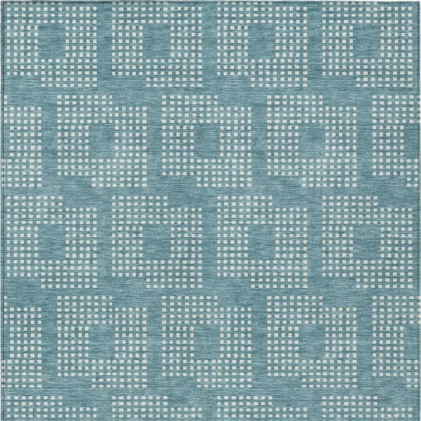 Teal Blue And Ivory Geometric Washable Indoor Outdoor Area Rug Photo 7