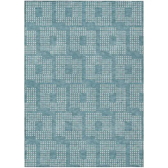 Teal Blue And Ivory Geometric Washable Indoor Outdoor Area Rug Photo 2