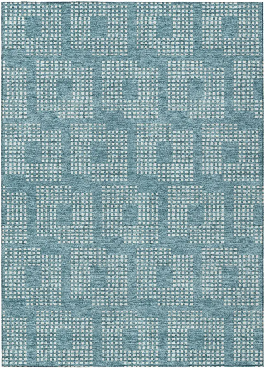 Teal Blue And Ivory Geometric Washable Indoor Outdoor Area Rug Photo 2