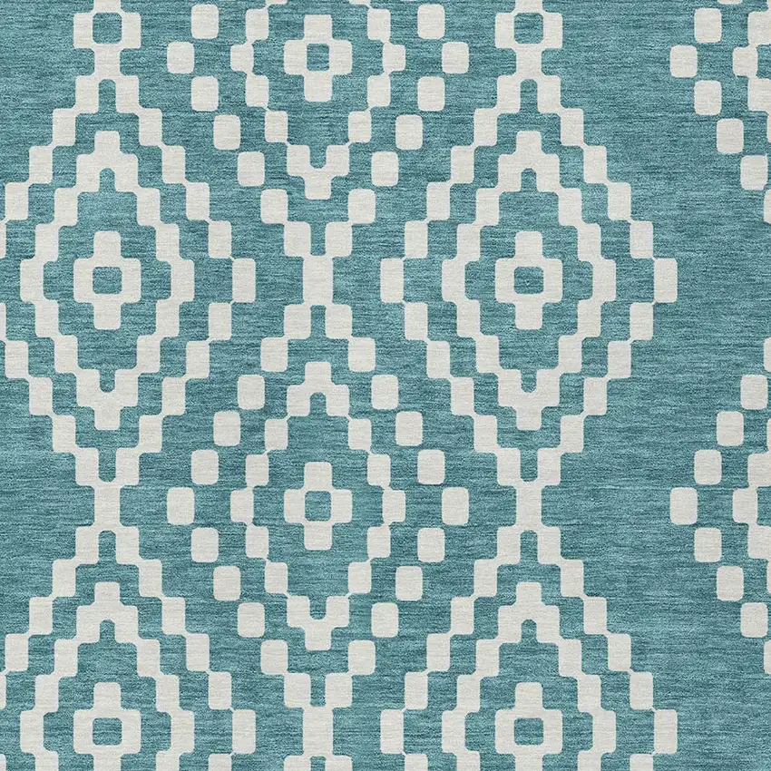Teal Blue And Ivory Geometric Washable Indoor Outdoor Area Rug Photo 6