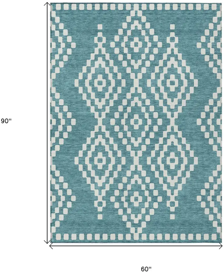 Teal Blue And Ivory Geometric Washable Indoor Outdoor Area Rug Photo 3