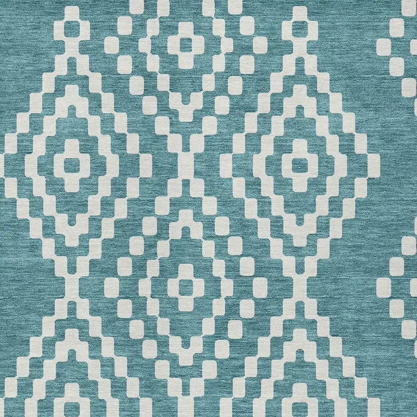 Teal Blue And Ivory Geometric Washable Indoor Outdoor Area Rug Photo 6