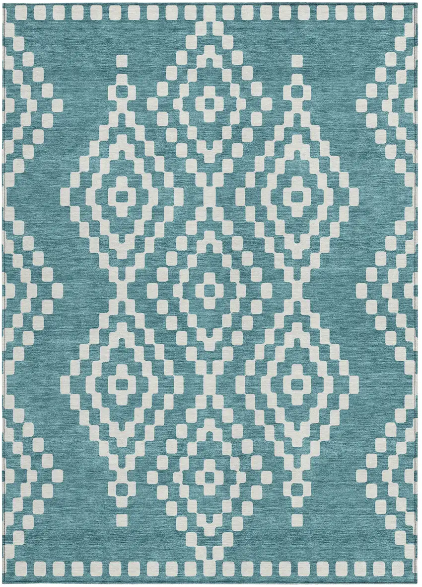 Teal Blue And Ivory Geometric Washable Indoor Outdoor Area Rug Photo 7