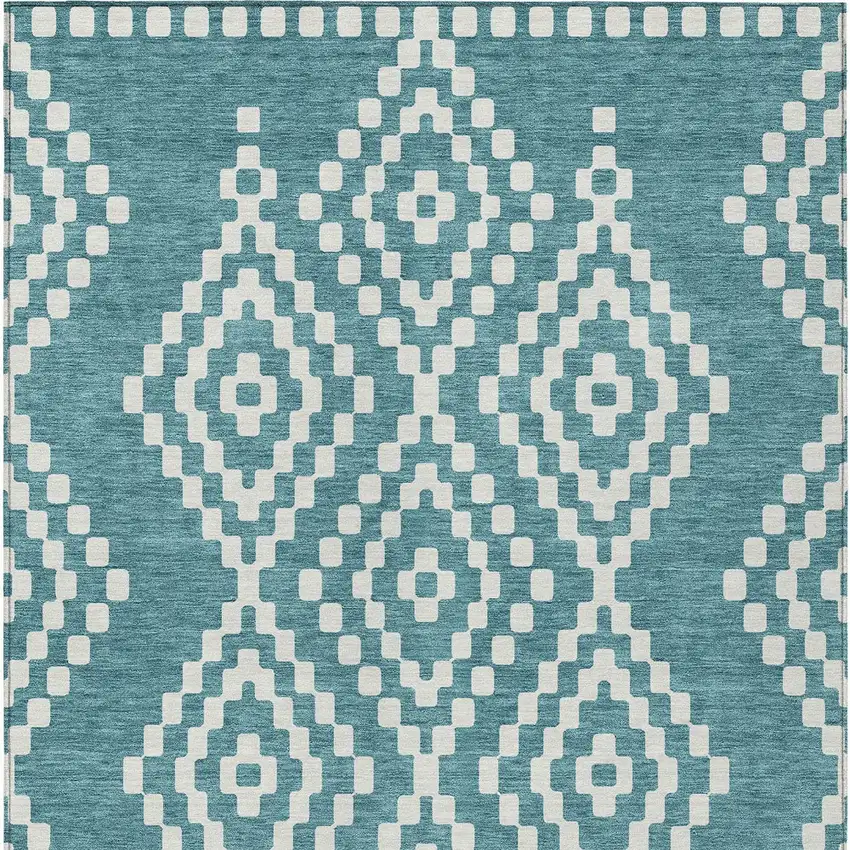 Teal Blue And Ivory Geometric Washable Indoor Outdoor Area Rug Photo 6
