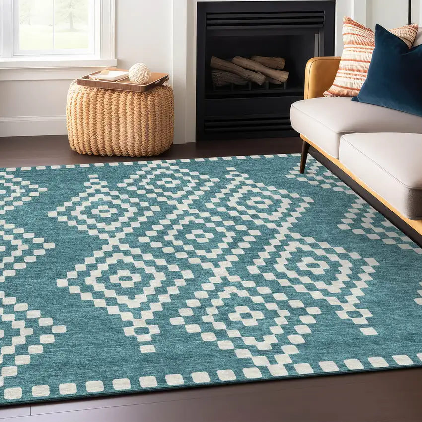 Teal Blue And Ivory Geometric Washable Indoor Outdoor Area Rug Photo 9