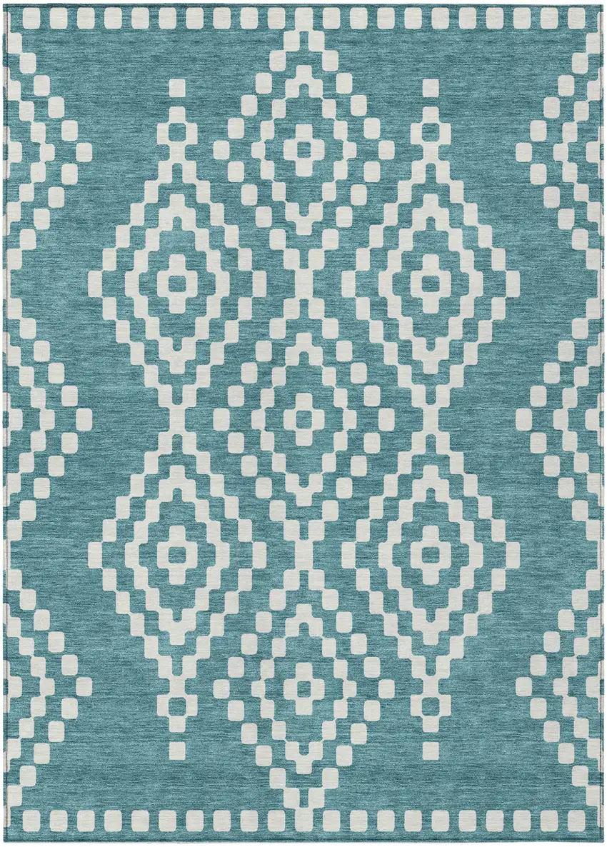 Teal Blue And Ivory Geometric Washable Indoor Outdoor Area Rug Photo 2