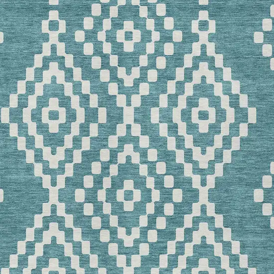 Teal Blue And Ivory Geometric Washable Indoor Outdoor Area Rug Photo 6