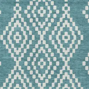 Photo of Teal Blue And Ivory Geometric Washable Indoor Outdoor Area Rug