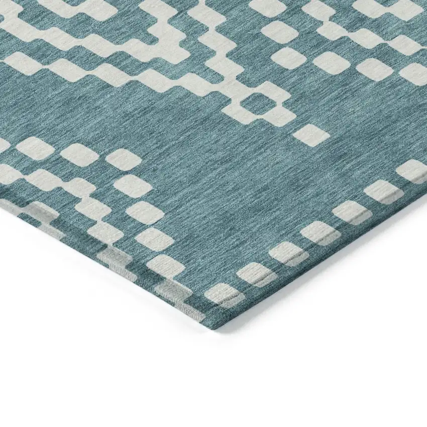 Teal Blue And Ivory Geometric Washable Indoor Outdoor Area Rug Photo 5