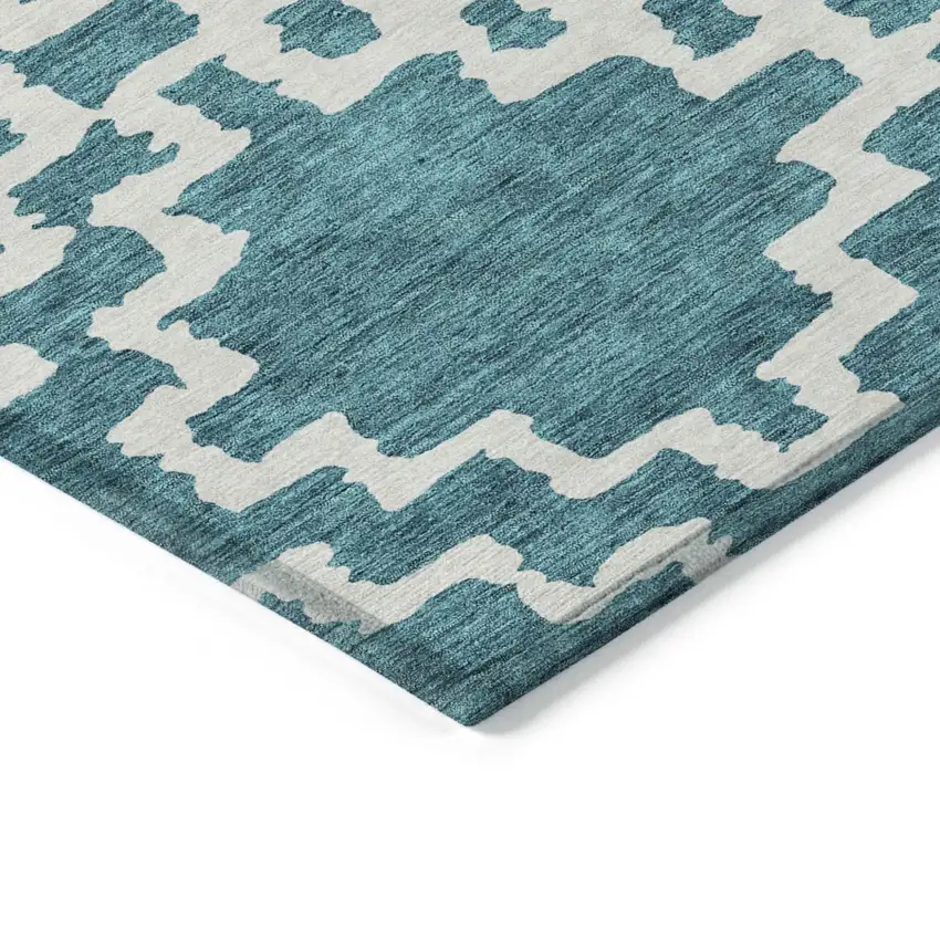Teal Blue And Ivory Geometric Washable Indoor Outdoor Area Rug Photo 4
