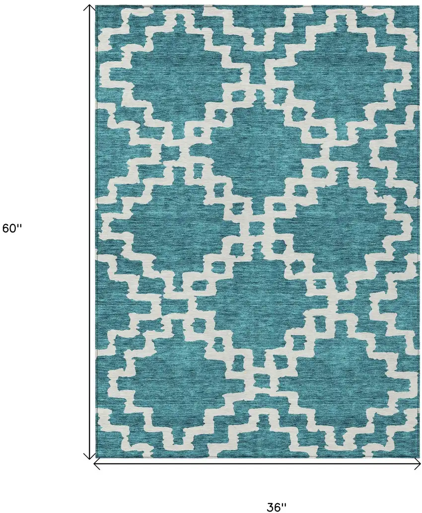 Teal Blue And Ivory Geometric Washable Indoor Outdoor Area Rug Photo 3