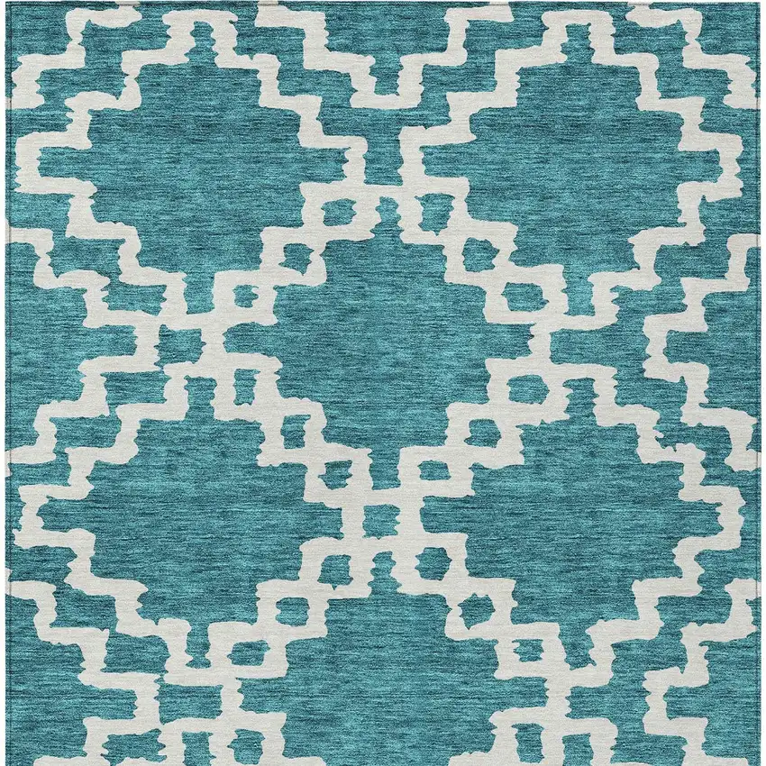 Teal Blue And Ivory Geometric Washable Indoor Outdoor Area Rug Photo 7