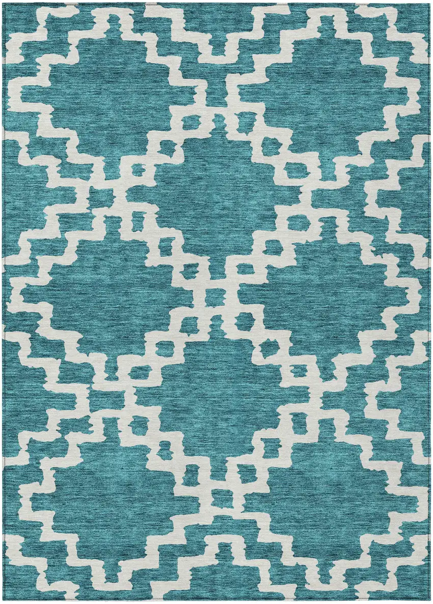 Teal Blue And Ivory Geometric Washable Indoor Outdoor Area Rug Photo 2