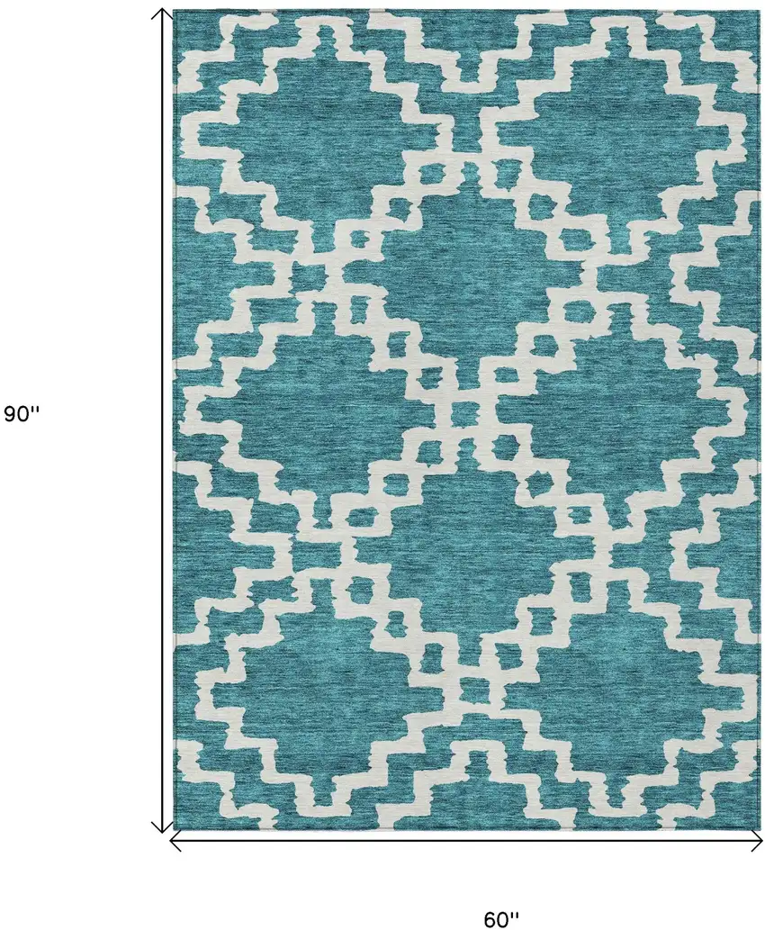 Teal Blue And Ivory Geometric Washable Indoor Outdoor Area Rug Photo 3