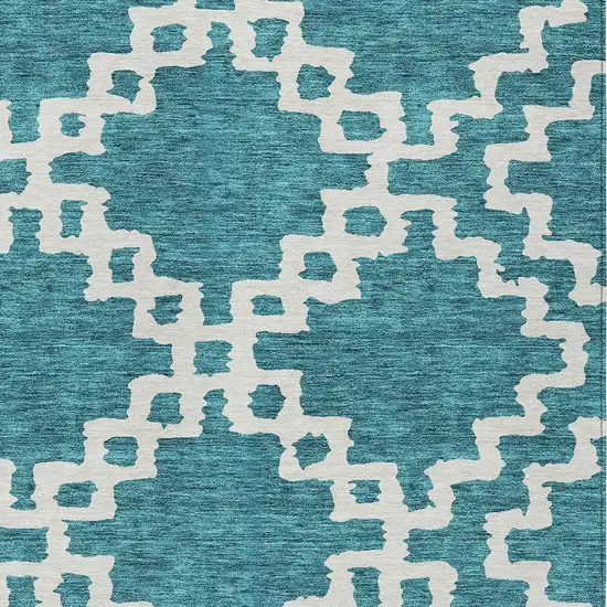 Teal Blue And Ivory Geometric Washable Indoor Outdoor Area Rug Photo 6