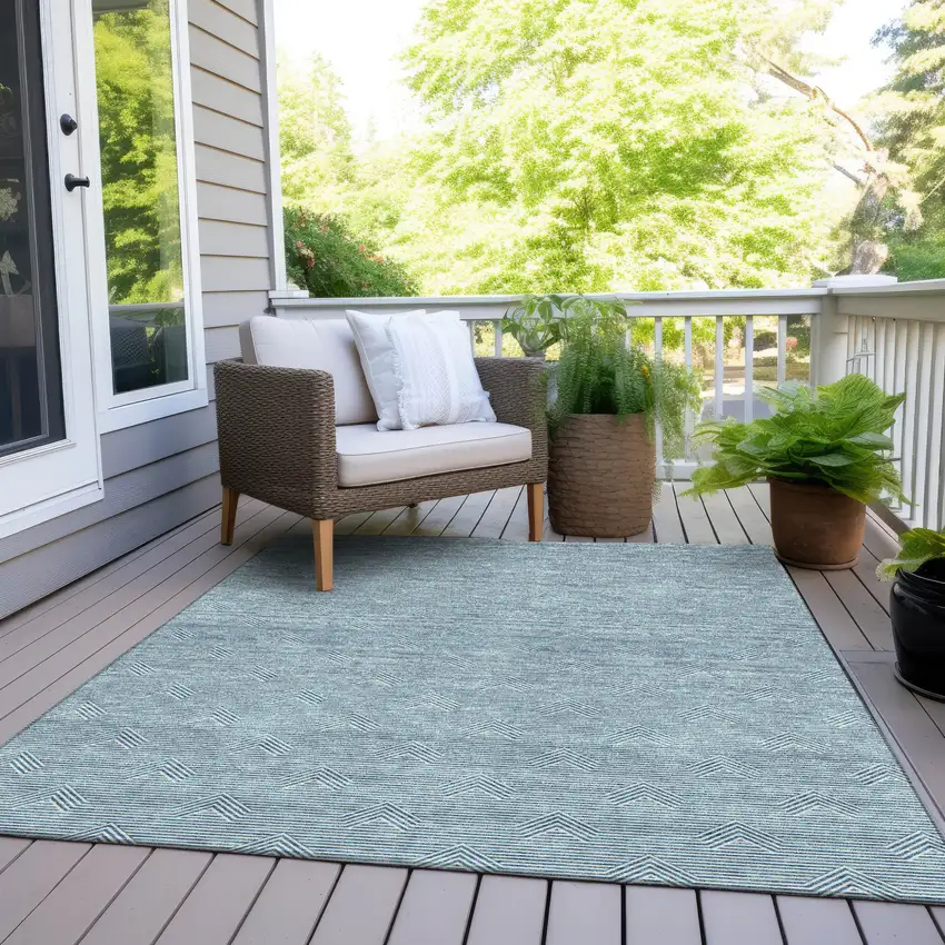 Teal Blue And Ivory Geometric Washable Indoor Outdoor Area Rug Photo 8