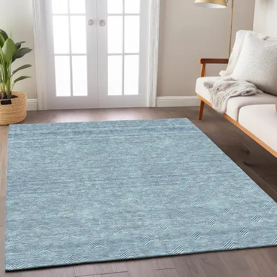 Teal Blue And Ivory Geometric Washable Indoor Outdoor Area Rug Photo 9
