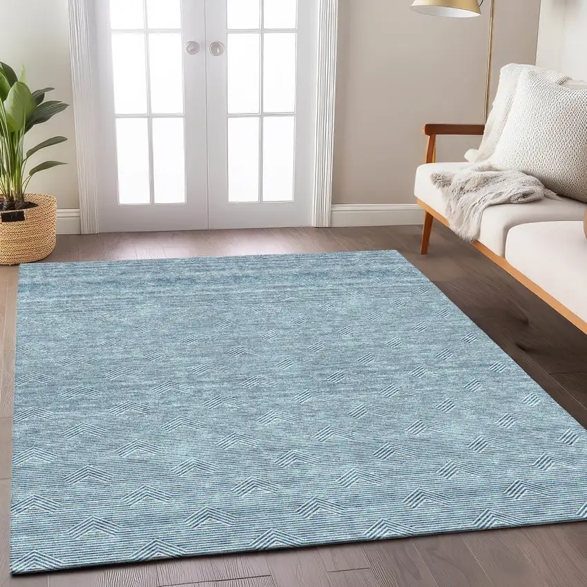 Teal Blue And Ivory Geometric Washable Indoor Outdoor Area Rug Photo 8