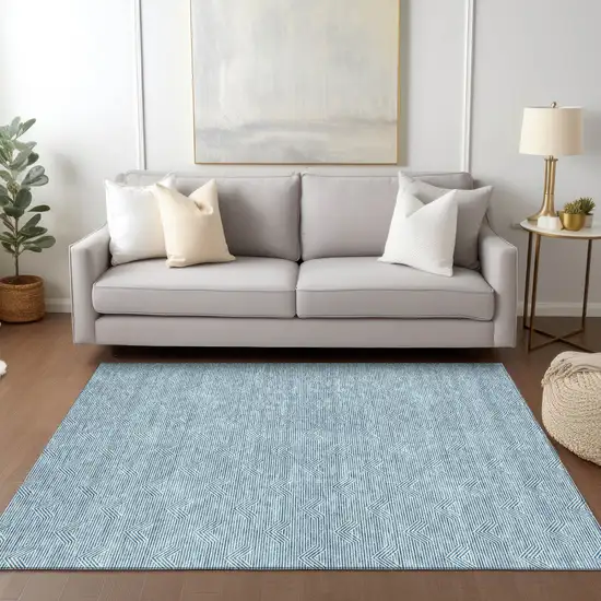 Teal Blue And Ivory Geometric Washable Indoor Outdoor Area Rug Photo 9