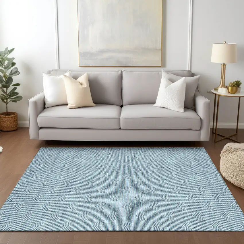 Teal Blue And Ivory Geometric Washable Indoor Outdoor Area Rug Photo 9