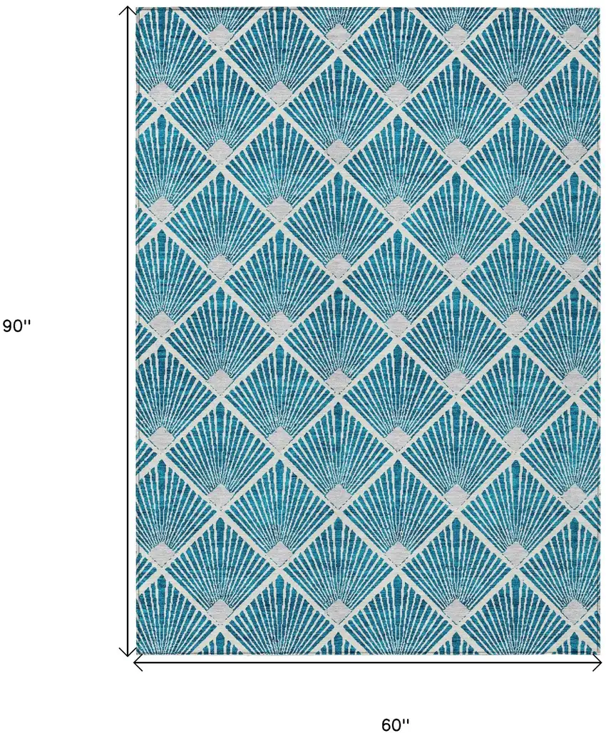 Teal Blue And Ivory Geometric Washable Indoor Outdoor Area Rug Photo 3