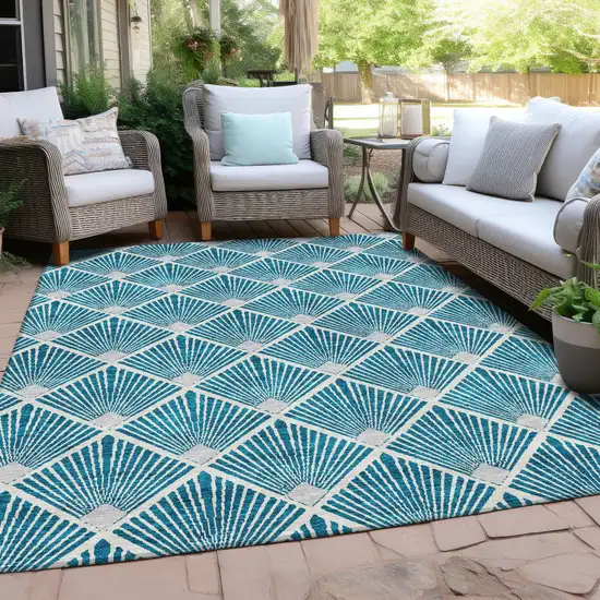 Teal Blue And Ivory Geometric Washable Indoor Outdoor Area Rug Photo 8