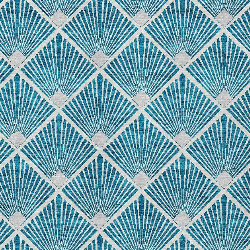 Teal Blue And Ivory Geometric Washable Indoor Outdoor Area Rug Photo 5