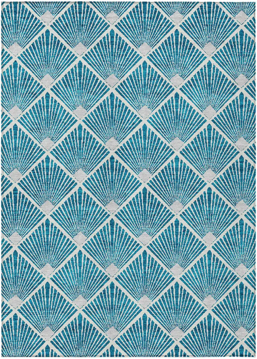 Teal Blue And Ivory Geometric Washable Indoor Outdoor Area Rug Photo 2