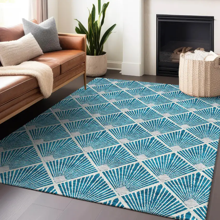 Teal Blue And Ivory Geometric Washable Indoor Outdoor Area Rug Photo 9