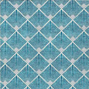 Photo of Teal Blue And Ivory Geometric Washable Indoor Outdoor Area Rug